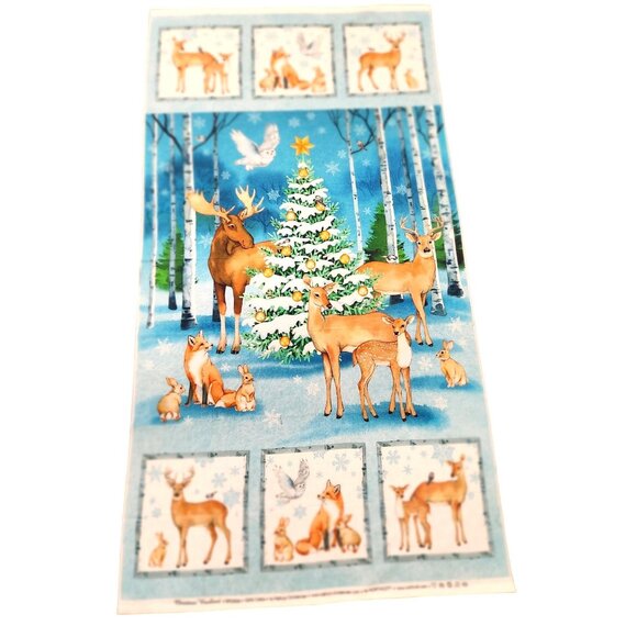 One Snowy Day Christmas Woodland Fabric Panel 24"x43" - Woodland Animals Scene - Picture 1 of 16
